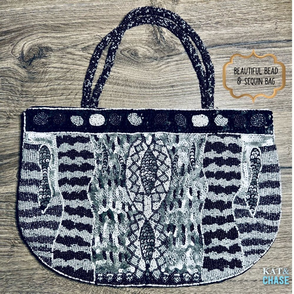Handmade Beaded Sequin Hand Bag Satin Magnetic Clip - Unused Black Silver Navy